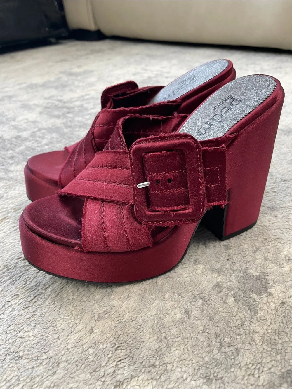Pedro Garcia Tomasina Platform Sandal Mules Ruby Red Oxblood Satin Sz 36